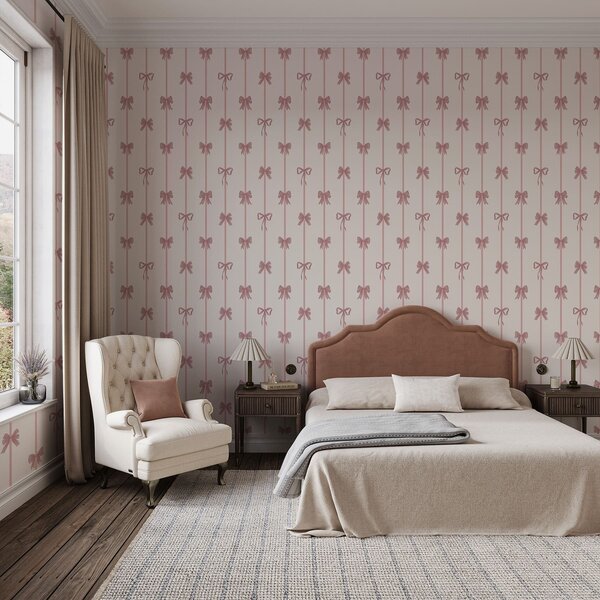 Carta da parati Fiocchi rosa con nastri su sfondo chiaro, Parati geometrica classici, Parati geometrica a righe classici, a01074 : Uwalls.it