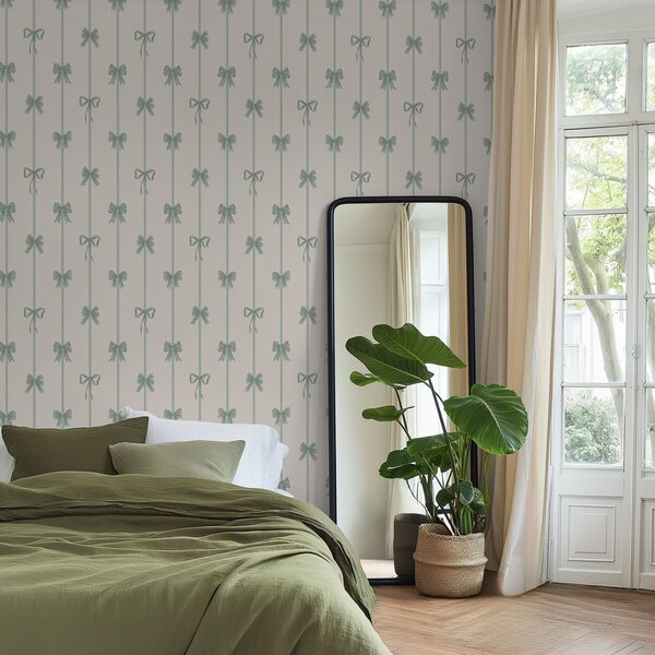Carta da parati Fiocchi verdi con nastri su sfondo beige, Parati geometrica classici, Parati geometrica a righe classici, a01074v1 : Uwalls.it