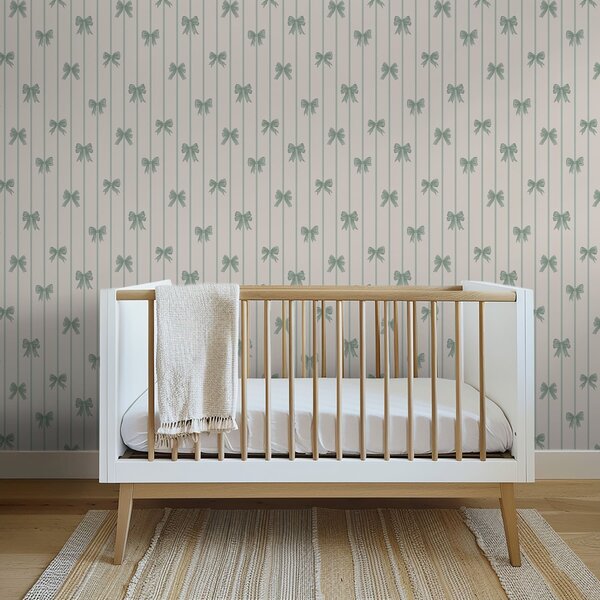 Carta da parati Fiocchi verdi su sfondo beige a righe, Parati geometrica classici, Parati geometrica a righe classici, a01162v1 : Uwalls.it