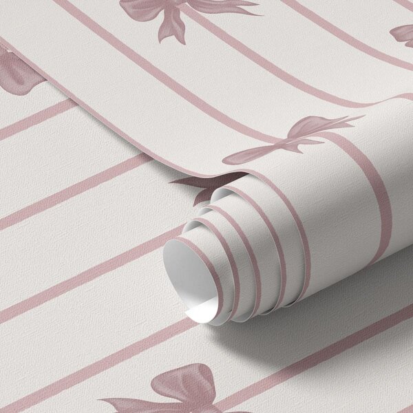 Carta da parati Fiocchi rosa su righe verticali su sfondo chiaro, Parati geometrica classici, Parati geometrica a righe classici, a01162 : Uwalls.it