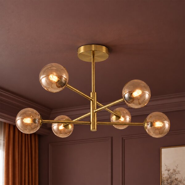 Plafoniera moderna ottone con vetro ambrato 6 luci - Ryan