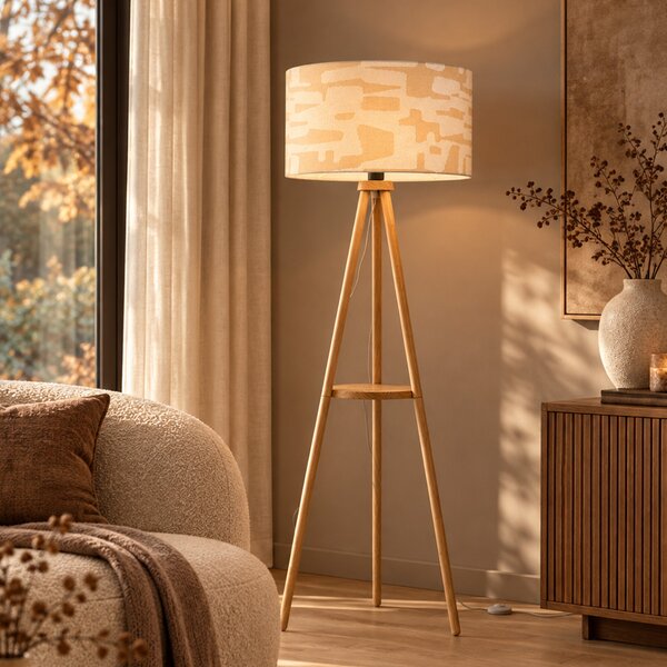 Lampada da terra a treppiede in legno con paralume a righe bianche e beige 50cm - Lou