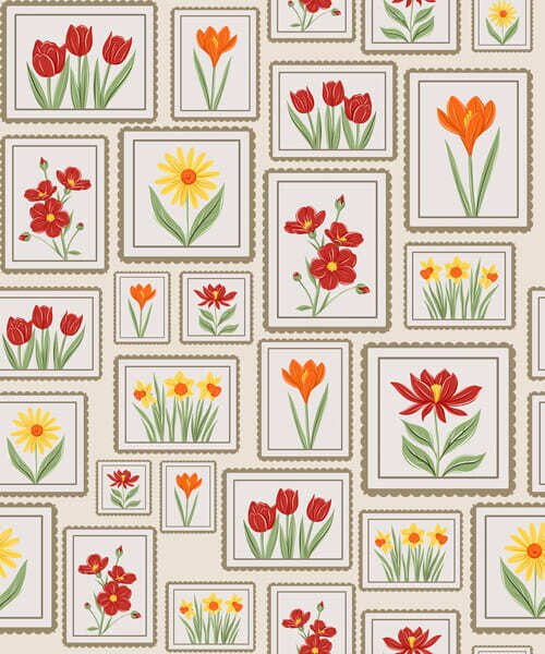 Carta da parati Illustrazioni floreali incorniciate dai toni caldi, Parati fiori e piante classici, a01173 : Uwalls.it