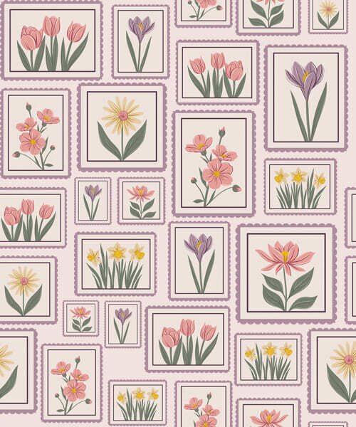 Carta da parati Illustrazioni floreali incorniciate nei toni del lilla, Parati fiori e piante classici, a01173v2 : Uwalls.it