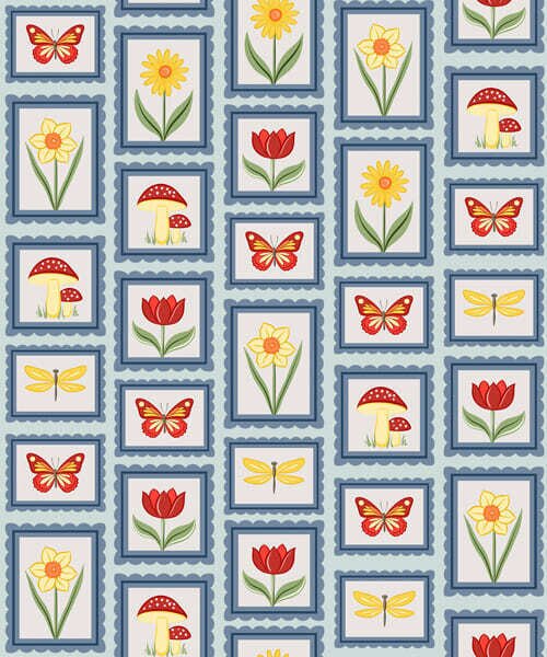 Carta da parati Illustrazioni incorniciate nei toni del blu, Parati fiori e piante classici, a01175v2 : Uwalls.it
