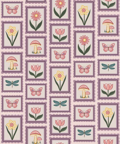 Carta da parati Illustrazioni incorniciate nei toni del lilla, Parati fiori e piante classici, a01175v1 : Uwalls.it