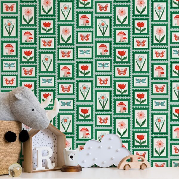 Carta da parati Fiori, funghi e farfalle incorniciati, Parati fiori e piante classici, a01175 : Uwalls.it