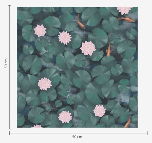 Carta da parati Ninfee con fiori e pesci su sfondo scuro, Parati fiori e piante classici, a01177 : Uwalls.it