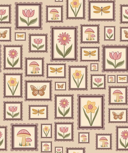 Carta da parati Illustrazioni incorniciate dai caldi toni del beige, Parati fiori e piante classici, a01176v2 : Uwalls.it