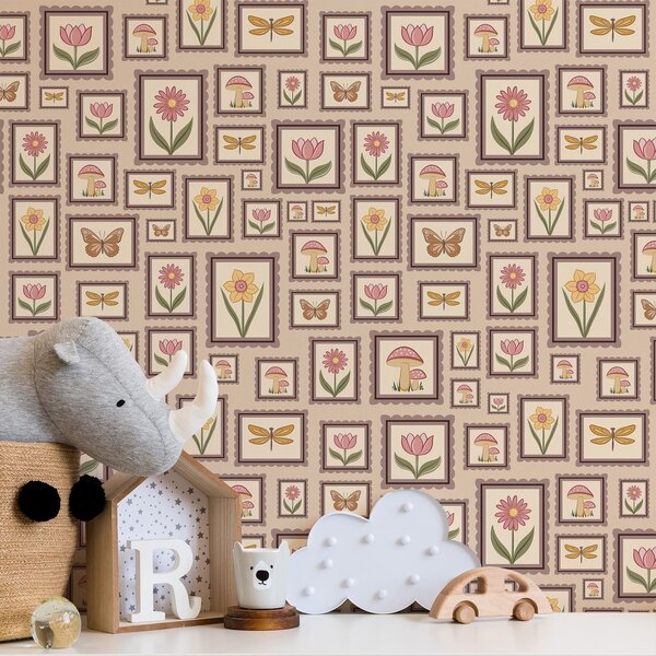 Carta da parati Illustrazioni incorniciate dai caldi toni del beige, Parati fiori e piante classici, a01176v2 : Uwalls.it
