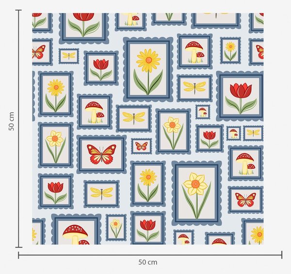 Carta da parati Illustrazioni incorniciate su sfondo blu, Parati fiori e piante classici, a01176 : Uwalls.it
