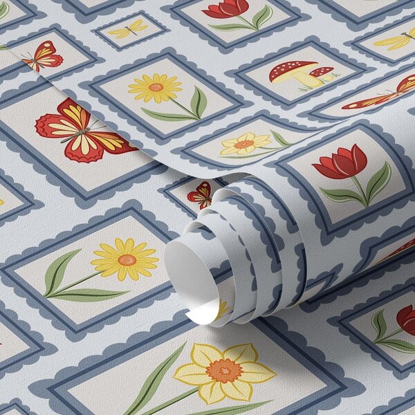 Carta da parati Illustrazioni incorniciate su sfondo blu, Parati fiori e piante classici, a01176 : Uwalls.it