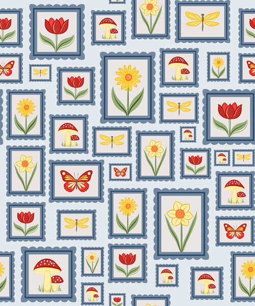 Carta da parati Illustrazioni incorniciate su sfondo blu, Parati fiori e piante classici, a01176 : Uwalls.it