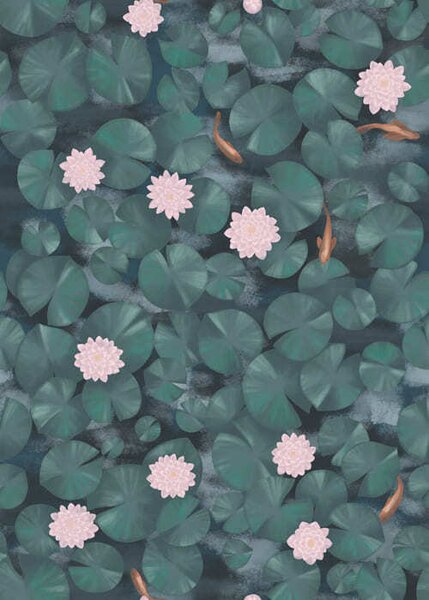 Carta da parati Ninfee con fiori e pesci su sfondo scuro, Parati fiori e piante classici, a01177 : Uwalls.it