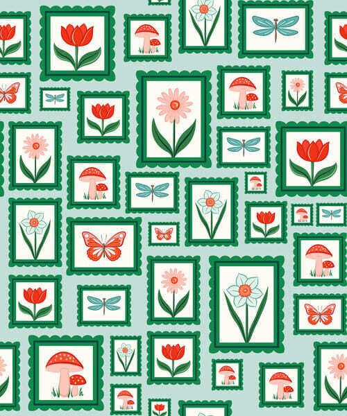Carta da parati Illustrazioni incorniciate con bordi verdi, Parati fiori e piante classici, a01176v1 : Uwalls.it