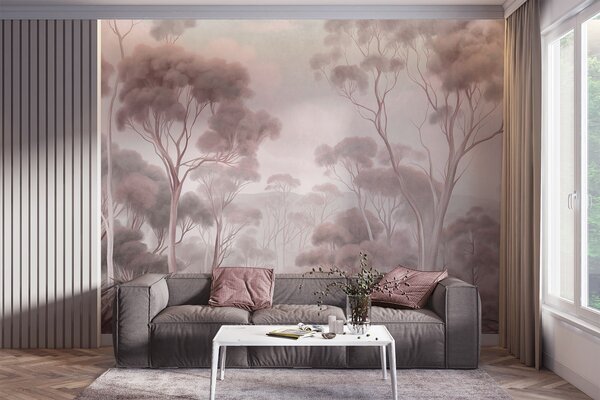 Carta da parati Un paesaggio boschivo avvolto dalla nebbia con alti eucalipti, con dolci colline sotto, Carta da parati Natura, w09822v1 : Uwalls.it