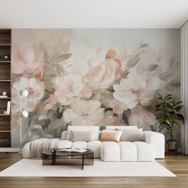 Carta da parati Fiori rosa pallido e bianchi con foglie verdi, stile pittorico, stile impressionista,, Carta da parati Acquerello, w09824 : Uwalls.it