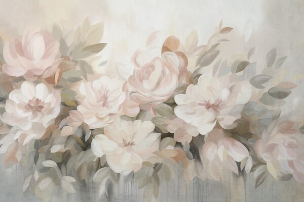 Carta da parati Fiori rosa pallido e bianchi con foglie verdi, stile pittorico, stile impressionista,, Carta da parati Acquerello, w09824 : Uwalls.it