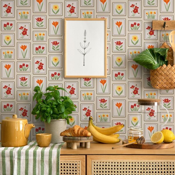 Carta da parati Illustrazioni floreali dai colori vivaci e incorniciate, Parati fiori e piante classici, a01174v1 : Uwalls.it