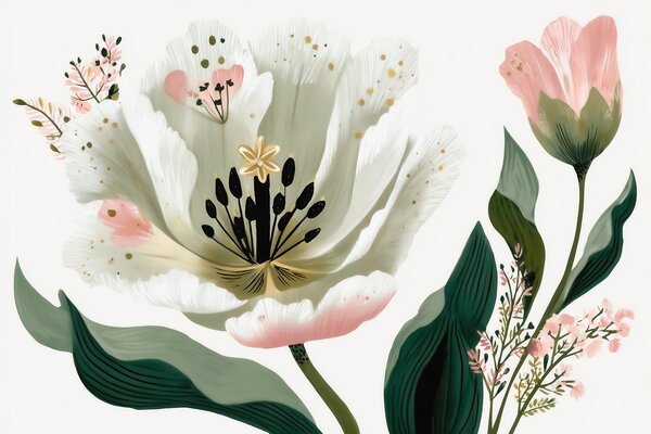 Carta da parati Un fiore con foglie verdi e delicati tocchi rosa in stile acquerello, Carta da parati Buffer, w09836 : Uwalls.it