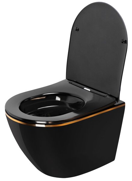 Vaso WC sospeso Rea CARLO Mini Rimless Duroplast Flat Black Gold Edge