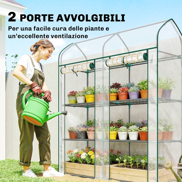 Outsunny Serra da Balcone a 3 Ripiani con 2 Porte Avvolgibile, Serra per Orto con Struttura in Acciaio e Copertura PVC, 143x46x165 cm, Trasparente | Aosom Italy