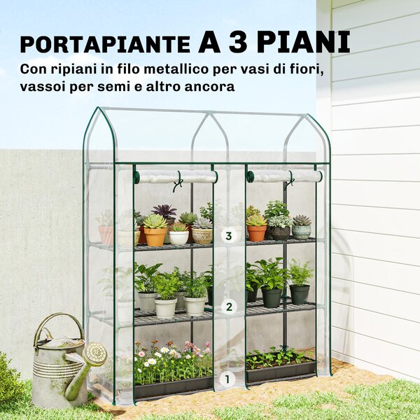 Outsunny Serra da Balcone a 3 Ripiani con 2 Porte Avvolgibile, Serra per Orto con Struttura in Acciaio e Copertura PVC, 143x46x165 cm, Trasparente | Aosom Italy