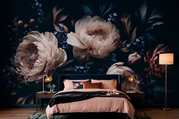 Carta da parati Composizione floreale dai toni scuri con fiori e foglie di grandi dimensioni, Carta da parati Buffer, w05533 : Uwalls.it