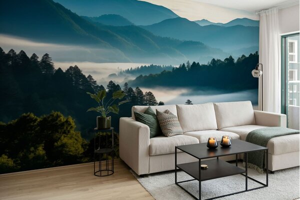 Carta da parati Paesaggio montano con nebbia e boschi all'alba, Carta da parati Natura, w05573 : Uwalls.it