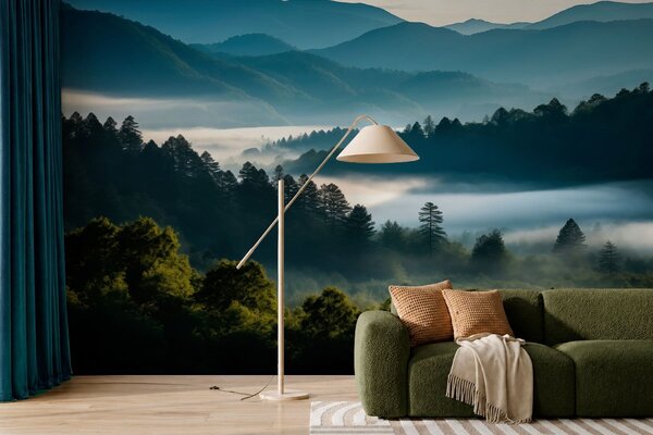 Carta da parati Paesaggio montano con nebbia e boschi all'alba, Carta da parati Natura, w05573 : Uwalls.it