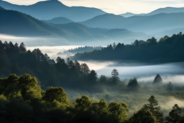Carta da parati Paesaggio montano con nebbia e boschi all'alba, Carta da parati Natura, w05573 : Uwalls.it