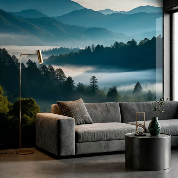 Carta da parati Paesaggio montano con nebbia e boschi all'alba, Carta da parati Natura, w05573 : Uwalls.it