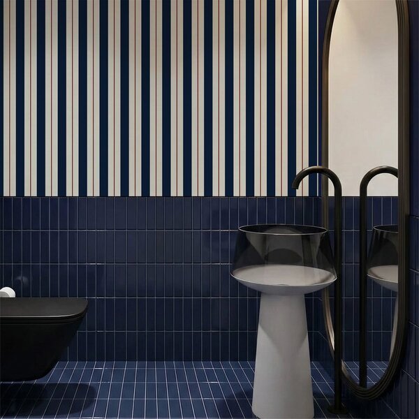 Carta da parati Righe blu scuro con sottili linee rosse, Parati geometrica classici, Parati geometrica a righe classici, a01183v4 : Uwalls.it