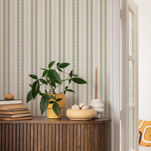 Carta da parati Strisce ondulate verde chiaro con puntini, Parati geometrica classici, Parati geometrica a righe classici, a01185v3 : Uwalls.it