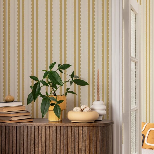 Carta da parati Strisce ondulate gialle con puntini grigio-blu, Parati geometrica classici, Parati geometrica a righe classici, a01185v4 : Uwalls.it