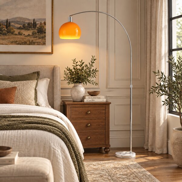 HOMCOM Lampada da Terra ad Arco con Interruttore a Pedale, in Marmo, Metallo e Plastica, 26x90x180 cm, Bianco e Arancione | Aosom Italy