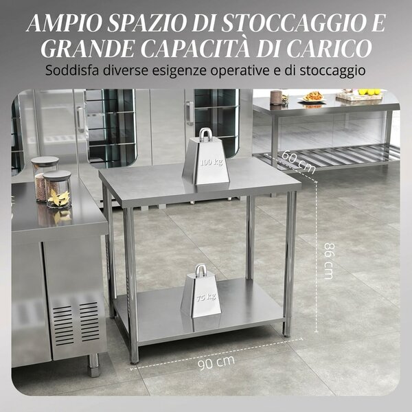 HOMCOM Banco da Lavoro Garage in Acciaio Inossidabile con 2 Mensole, Capacità 100kg, 90x60x86 cm, Argento | Aosom Italy
