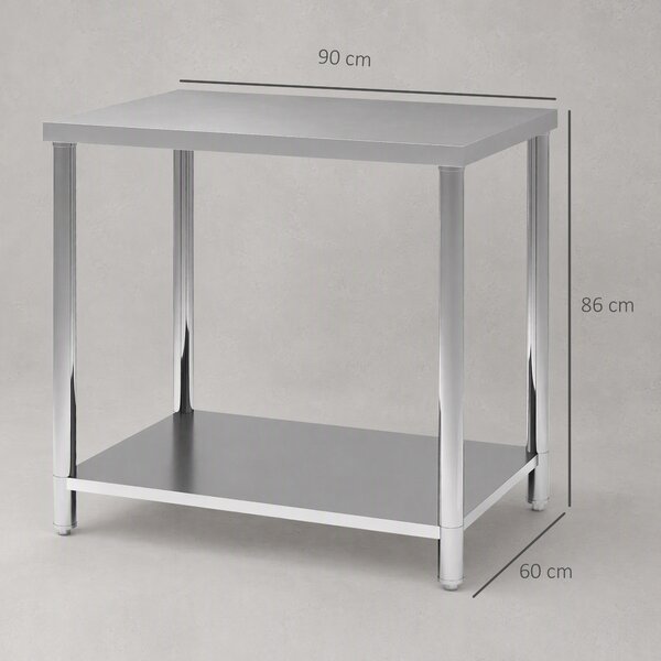 HOMCOM Banco da Lavoro Garage in Acciaio Inossidabile con 2 Mensole, Capacità 100kg, 90x60x86 cm, Argento | Aosom Italy