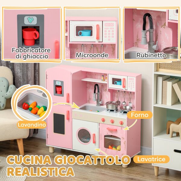 AIYAPLAY Cucina giocattolo con luci, suoni, forno e microonde, Rosa | Aosom Italy