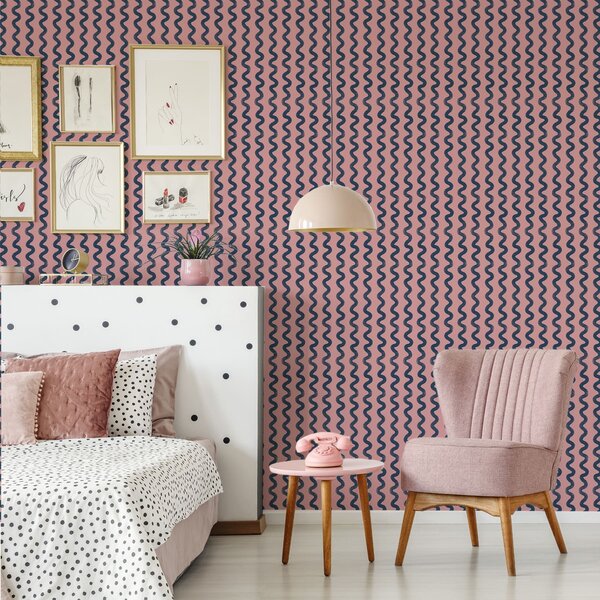 Carta da parati Motivo ondulato blu scuro su sfondo rosa, Parati astratta classici, a01187 : Uwalls.it