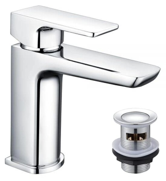 Rubinetto monocomando per lavabo con sistema di scarico a tappo a click in cromo