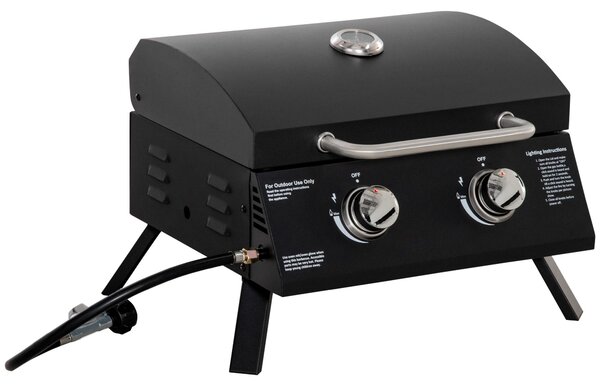 Barbecue da tavolo a gas con 2 bruciatori, carrello mobile, griglia piccola, barbecue da tavolo per esterni, picnic, con riduttore di pressione, tubo flessibile, acciaio inossidabile, nero, 55 x 46,5 x 41 cm