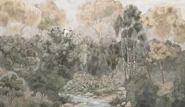 Carta da parati Paesaggio boschivo con un fiume e alberi fitti, Carta da parati Natura, w05542v1 : Uwalls.it