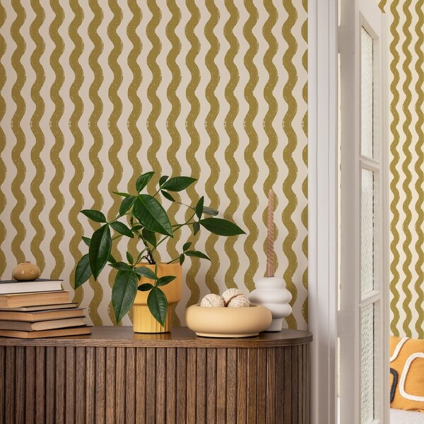 Carta da parati Motivo ondulato giallo su sfondo color crema, Parati geometrica classici, Parati geometrica a righe classici, a01188v5 : Uwalls.it