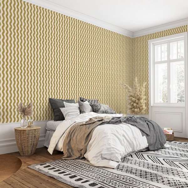 Carta da parati Motivo ondulato giallo su sfondo color crema, Parati geometrica classici, Parati geometrica a righe classici, a01188v5 : Uwalls.it