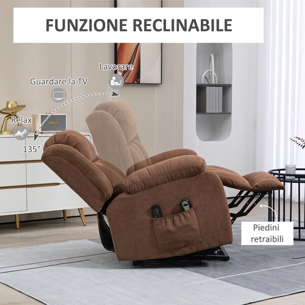 HOMCOM Poltrona Relax Massaggiante con Telecomando e Tasche, Sedia Alzapersona con Schienale Reclinabile a 135° e Poggiapiedi, Marrone | Aosom Italy