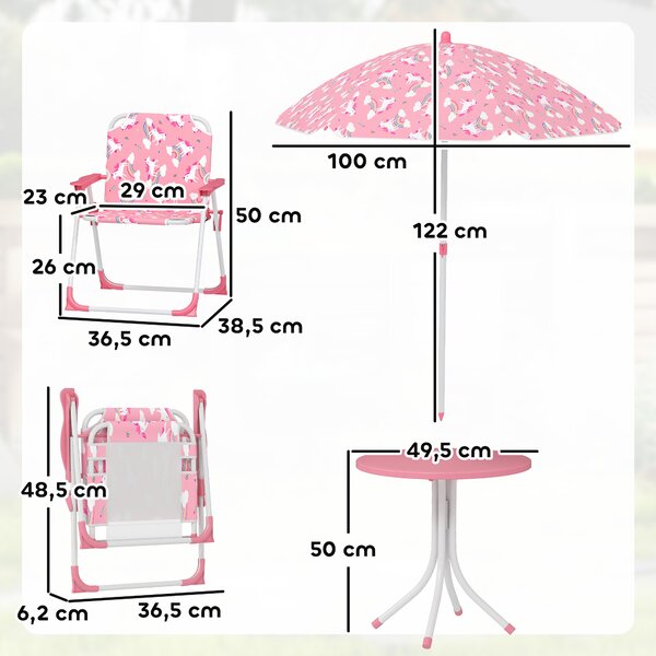 AIYAPLAY Set da Giardino per Bambini a Tema Giungla con 2 Sedie Pieghevoli, Ombrellone e Tavolino Rotondo, Rosa | Aosom Italy