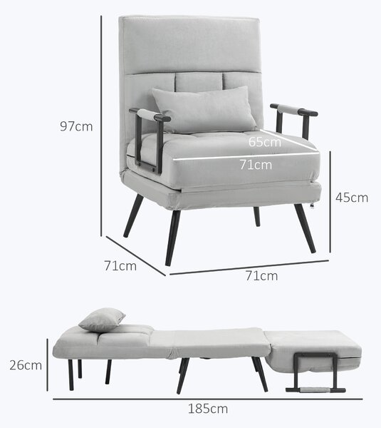HOMCOM Poltrona Letto Singola 3 in 1 con Cuscino Incluso, in Acciaio e Poliestere, 71x71x97 cm, Grigio Chiaro|Aosom