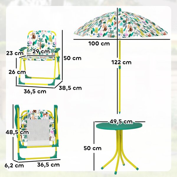 AIYAPLAY Set da Giardino per Bambini a Tema Giungla con 2 Sedie Pieghevoli, Ombrellone e Tavolino Rotondo, Multicolore | Aosom Italy