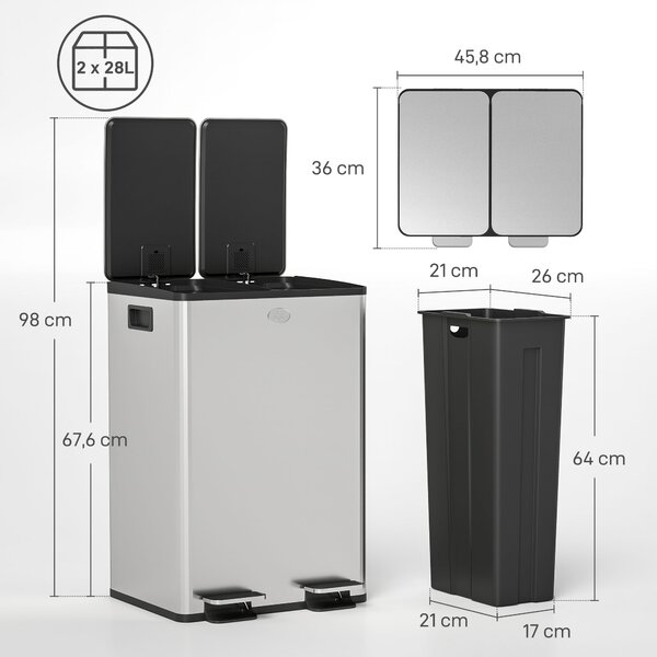 HOMCOM Pattumiera Differenziata 2 Scomparti 20L da Cucina a Pedale, Cestino Spazzatura con 2 Coperchi a Chiusura Silenziosa in Acciaio Inox e PP, 45.8x36x51.6 cm, Argento | Aosom Italy